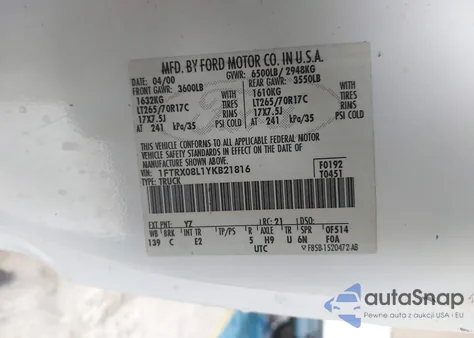 2000 Ford F-150 Lariat/Xl/Xlt z USA, uszkodzony, nr VIN 1FTRX08L1YKB21816